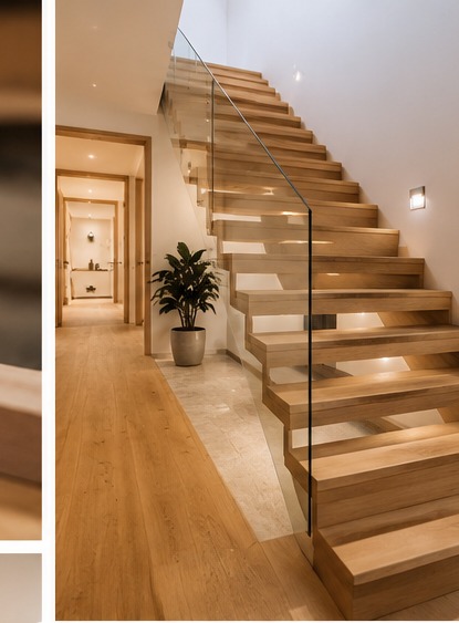 Moderne Holztreppe mit Glasgeländer
